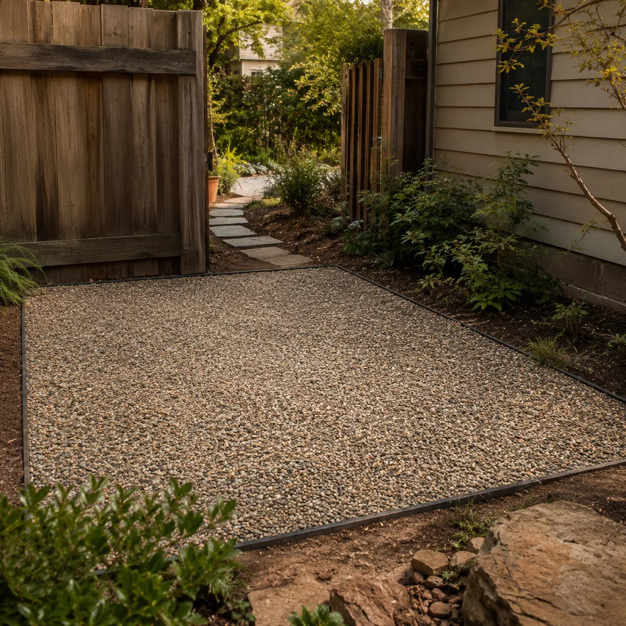 Realistic editorial photo of a gravel landing pad in budget backyard weekend upgrade, realistic editorial photo, natural