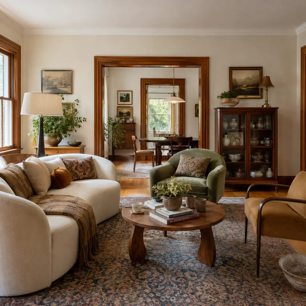 Realistic editorial photo of a home interior with vintage decor, modern furniture, warm wood, patterned accents, and layered lighting showing curved furniture b