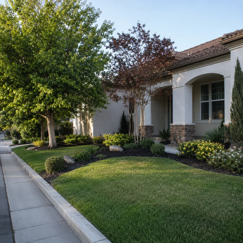 Realistic editorial photo of a landscaped American front yard with lawn, shrubs, mulch beds, trees, walkway, and house exterior showing no sound buffer from the