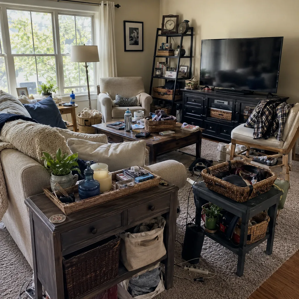 Realistic editorial photo of a living room with crowded surfaces, extra chairs, baskets, blankets, cords, and storage furniture showing furniture that exists on