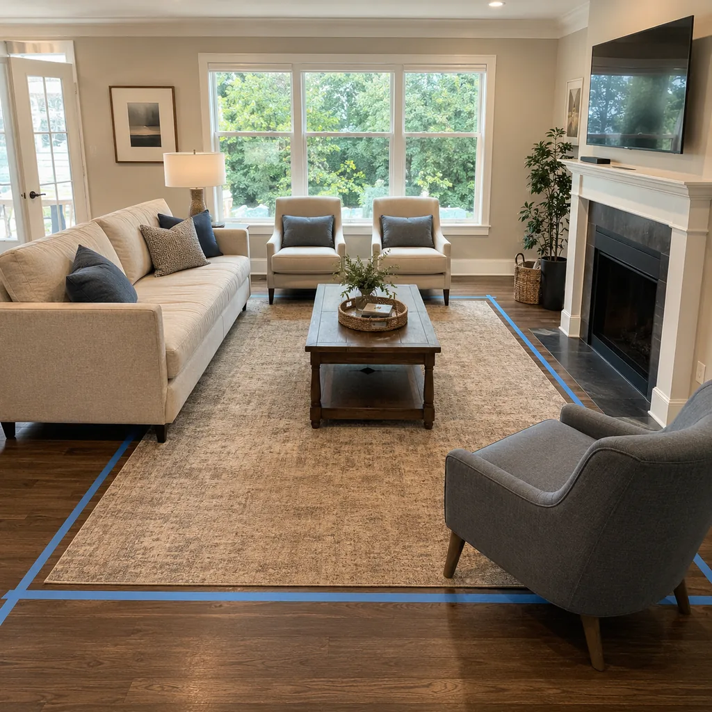 Realistic editorial photo of a living room with sofa, chairs, rug, TV, windows, and taped layout marks showing rug large enough to anchor the furniture