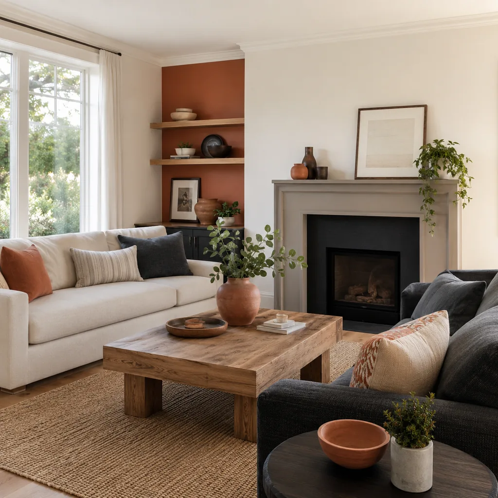 Realistic editorial photo of a living room with sofas in different upholstery colors, pillows, wall paint, and daylight showing terracotta used in small control