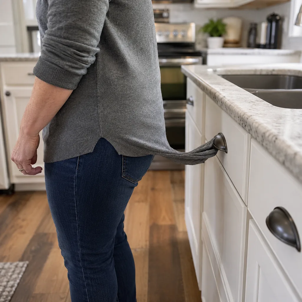 Realistic editorial photo of a realistic American kitchen with sink, cabinets, appliances, counters, and inspection details showing cabinet hardware that catche