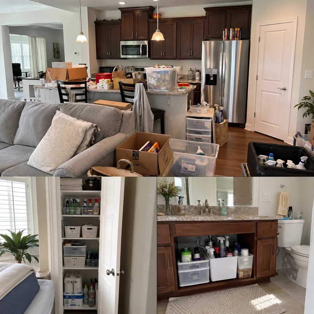 Realistic editorial photo of a realistic cluttered living room and kitchen area with boxes, counters, shelves, and organizing bins showing cleaning supplies sto