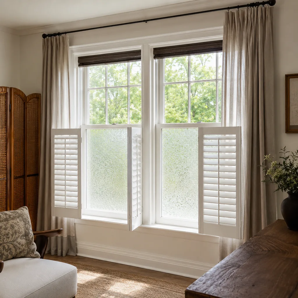 Realistic editorial photo of a room with windows, shades, shutters, woven panels, privacy film, and soft natural light showing curtains hung inside the window f