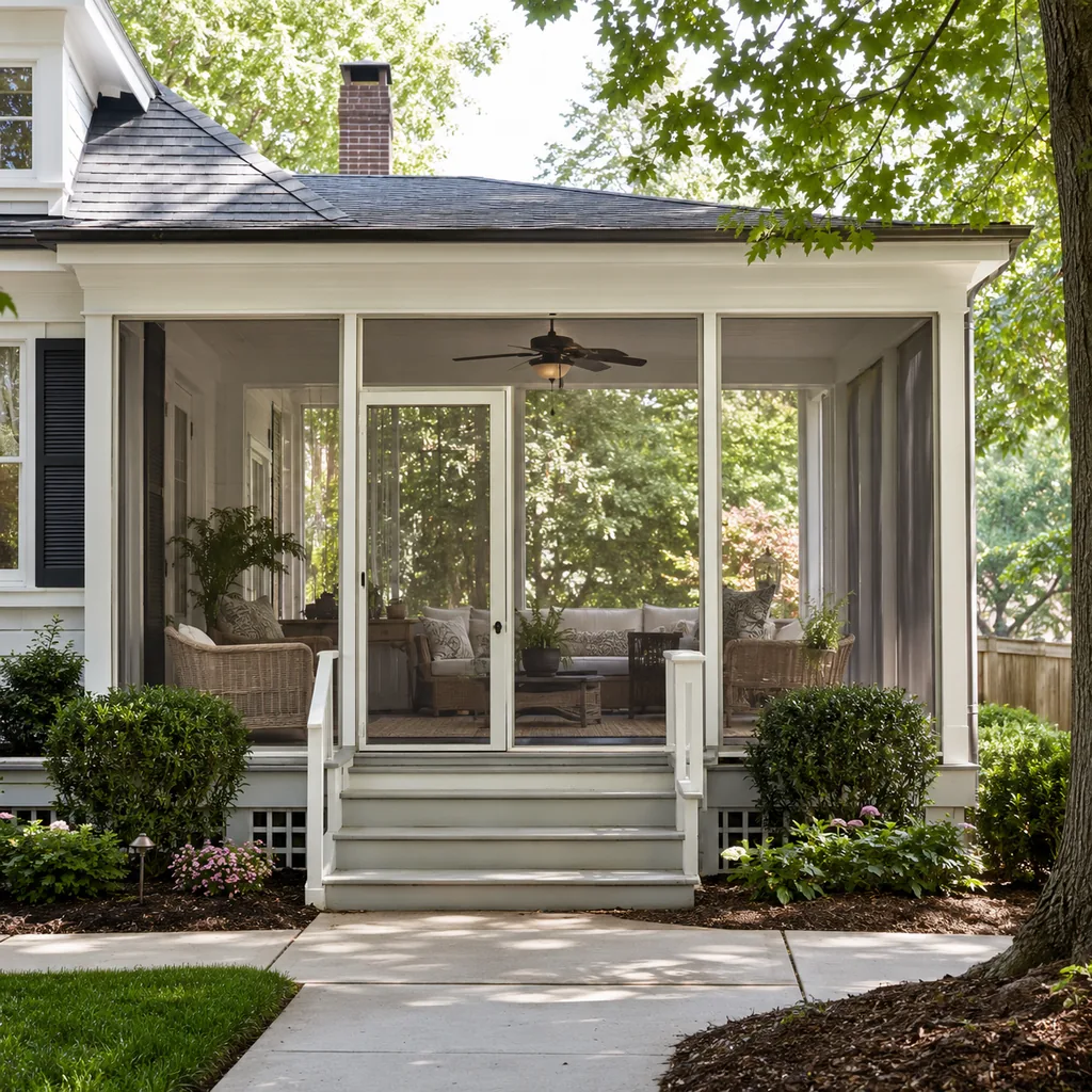 Realistic editorial photo of a screened porch with sofa, chairs, rug, plants, ceiling fan, screens, and soft daylight showing view from the curb, not just the d