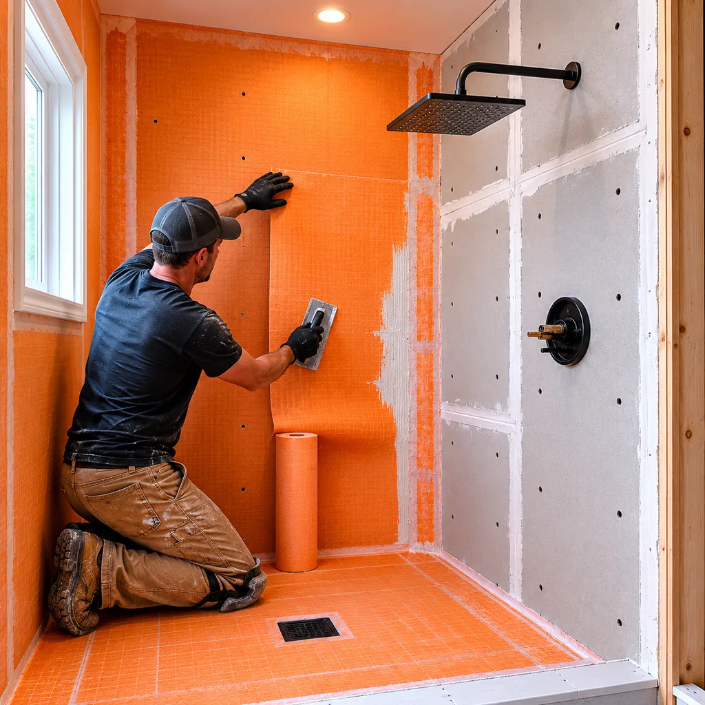 Realistic editorial photo of a shower remodel showing waterproofing membrane being installed over cement board before tile, clean construction scene