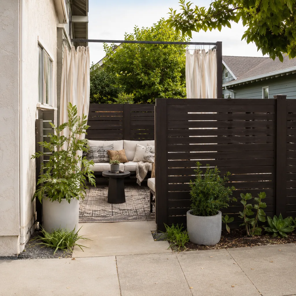 Realistic editorial photo of a small patio with compact seating, outdoor rug, plants, side table, curtains, and privacy screen showing no focal point from the c