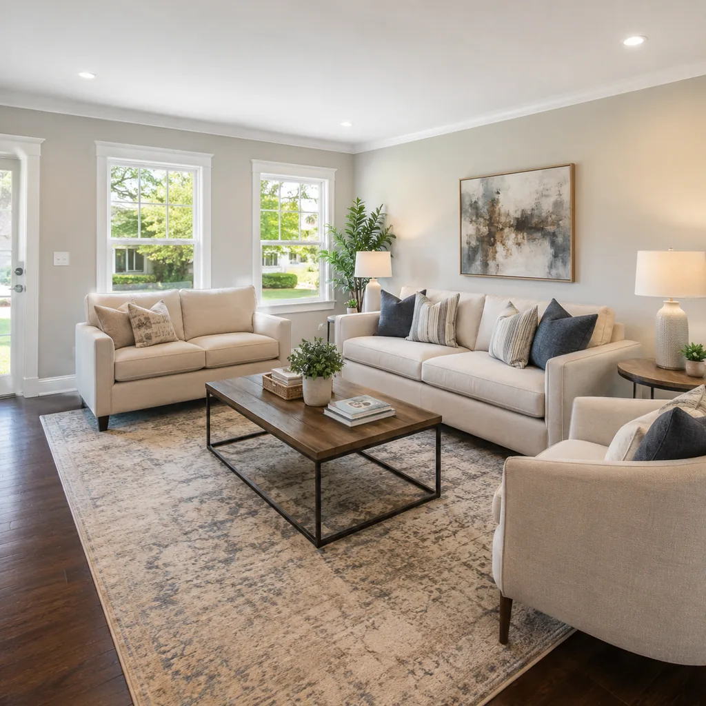 Realistic editorial photo of a staged American living room with sofa, rug, windows, lighting, and buyer-facing details showing furniture pulled slightly off the
