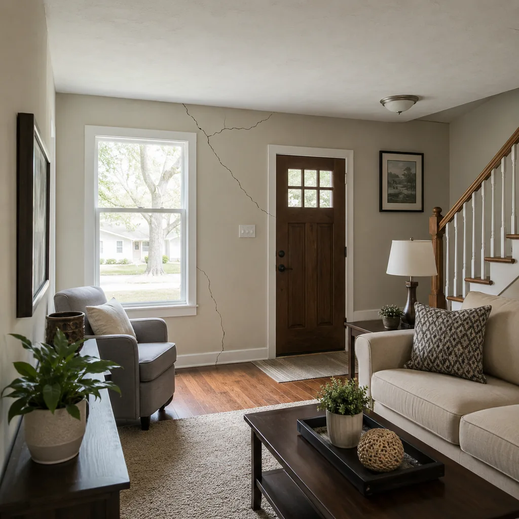Realistic editorial photo of a staged home interior with living room, entry, lighting, furniture placement, and listing-photo details showing cracks that travel