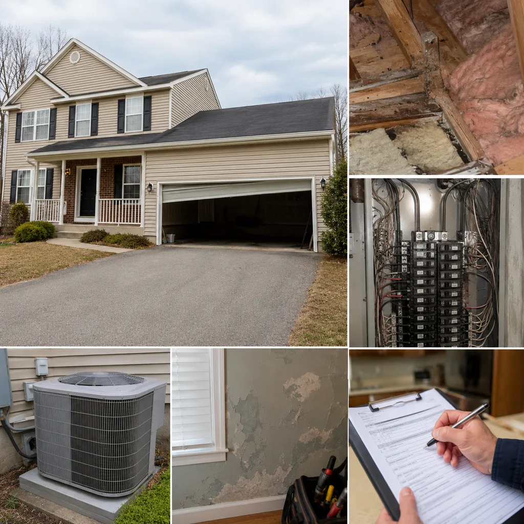Realistic editorial photo of a suburban American home with appraisal paperwork, exterior details, utilities, and interior repair clues showing garage door that 