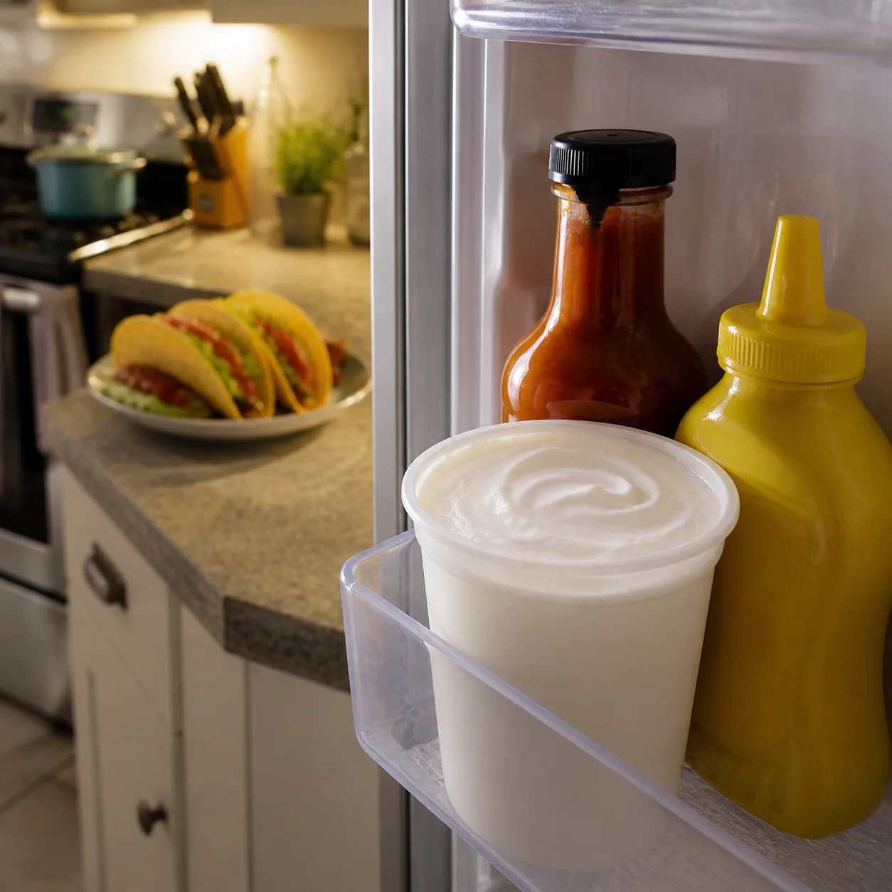 Realistic editorial photo of a tub of sour cream in a refrigerator door shelf beside taco sauce and mustard, weeknight k