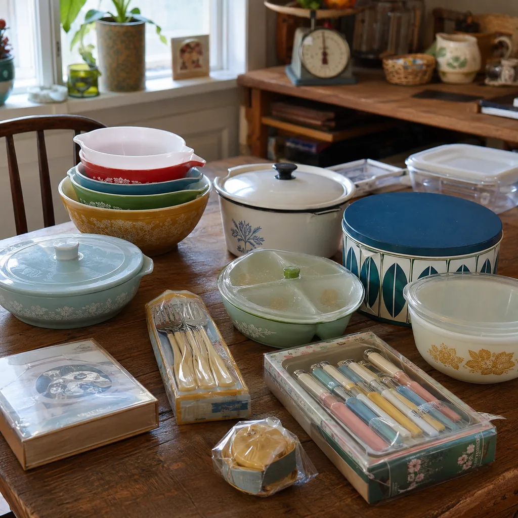 Realistic editorial photo of a vintage kitchen table with bowls, enamel cookware, utensils, tins, and warm window light showing garage sale items still in origi
