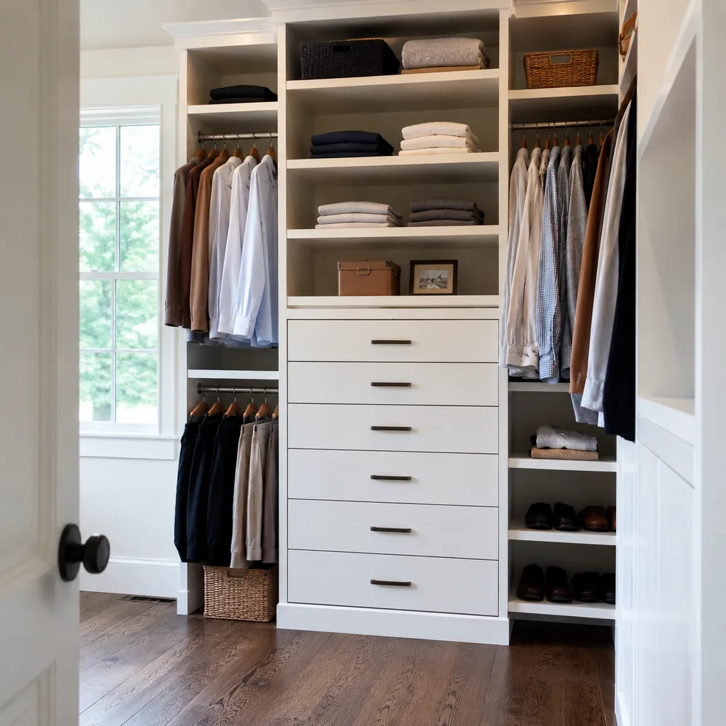 Realistic editorial photo of an American closet showing using shelves that are tall