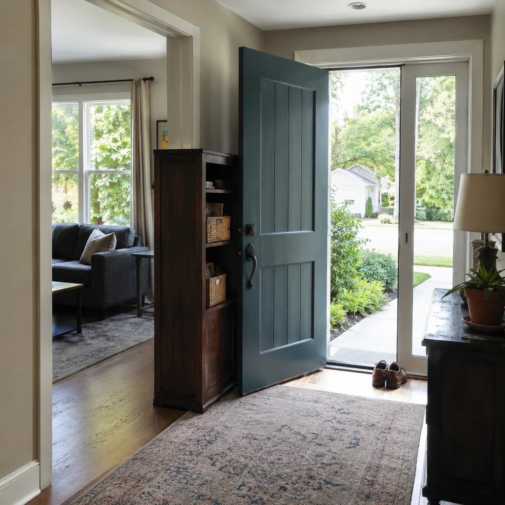 Realistic editorial photo of an American entryway showing blocking door swing