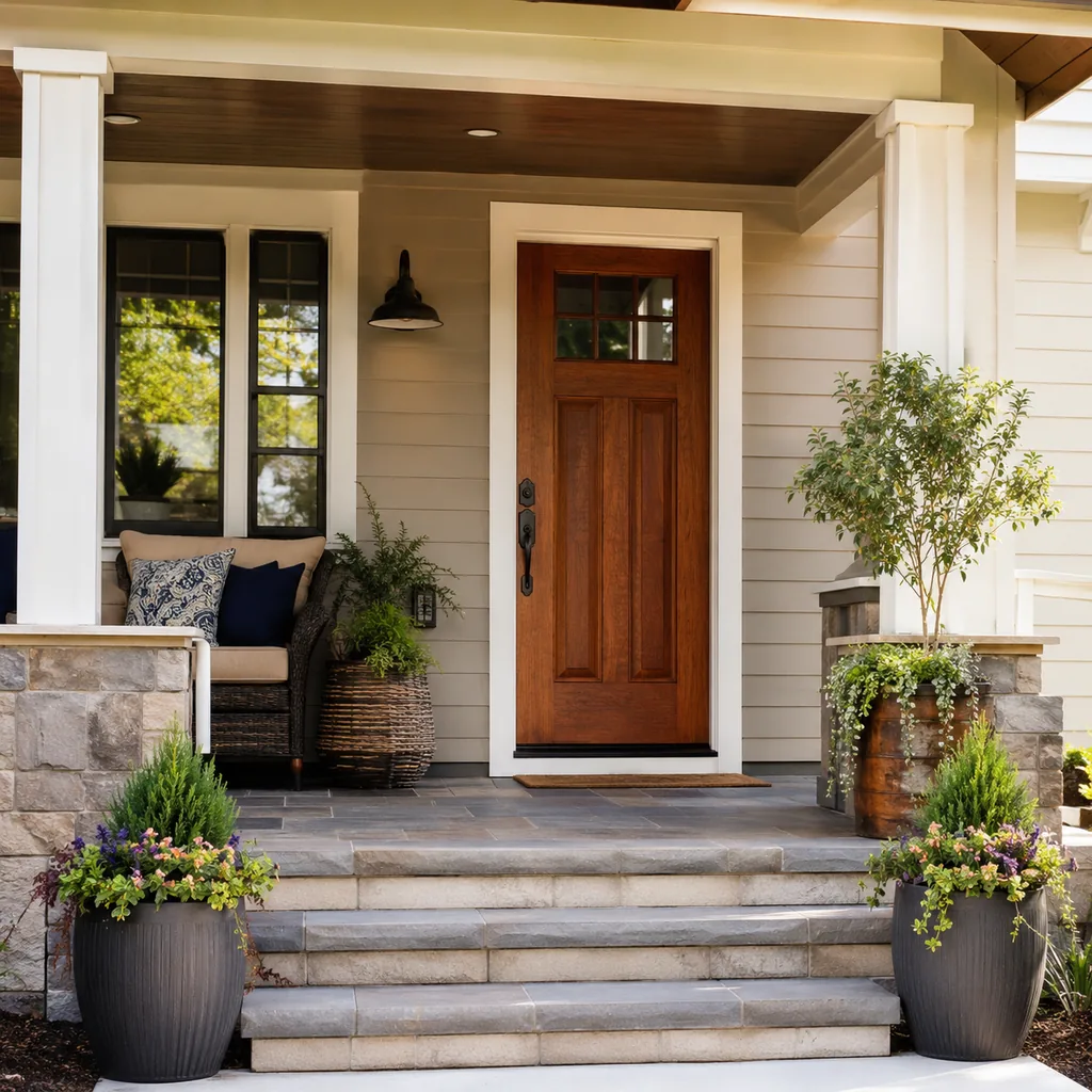 Realistic editorial photo of an American front porch with siding, steps, planters, seating, and a visible front door showing hardware that matches the home's st