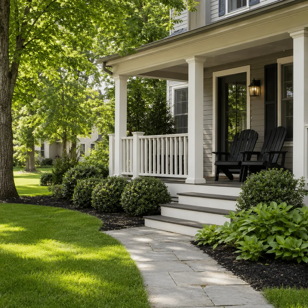Realistic editorial photo of an American front yard with lawn, shrubs, walkway, mulch beds, trees, and a front porch showing no table space beside chairs