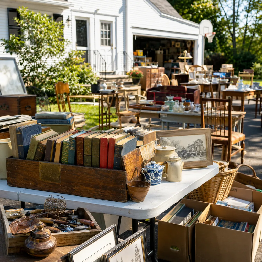 Realistic editorial photo of an American garage sale with folding tables, boxes, old kitchen items, furniture, and collectibles showing first-edition or local h