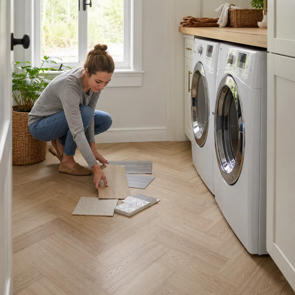 Realistic editorial photo of an American laundry room showing choosing pretty flooring without water tolerance