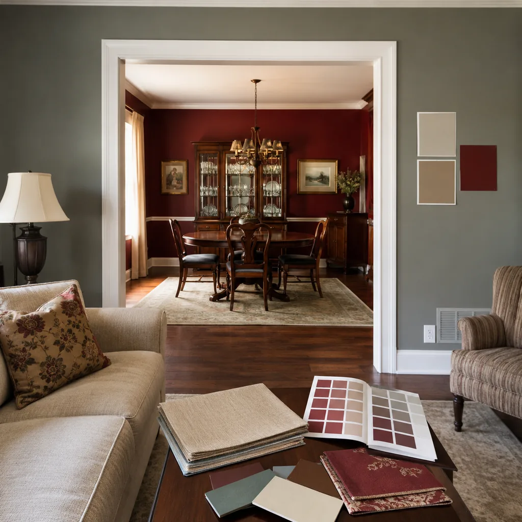 Realistic editorial photo of an American living room with paint swatches, sofa fabric, wall colors, and natural light showing red dining rooms that feel heavy