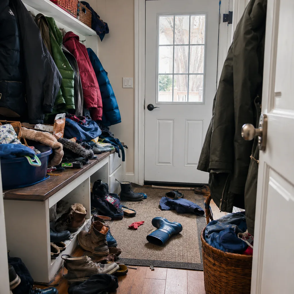 Realistic editorial photo of an American mudroom showing not planning for seasonal overflow