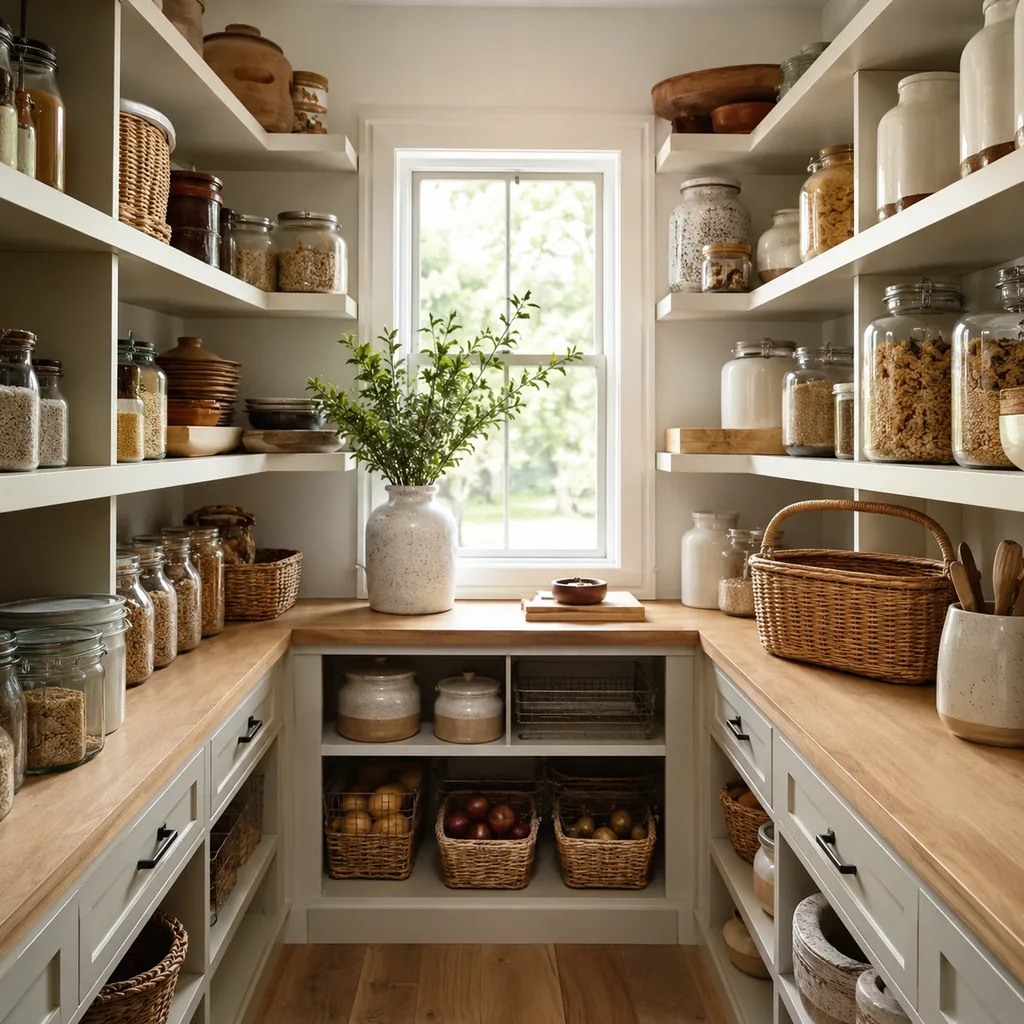 Realistic editorial photo of an American walk-in pantry showing designing around decorative jars