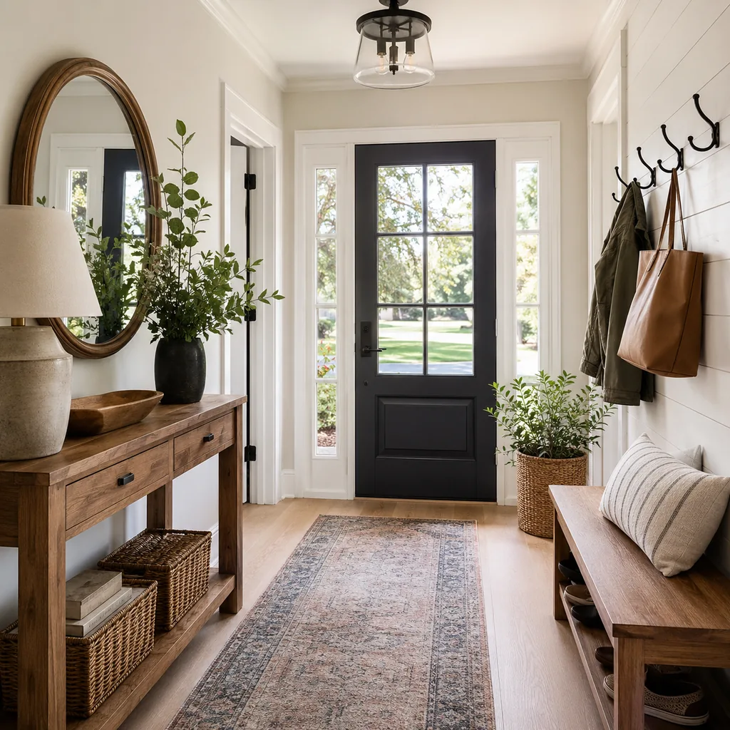 Realistic editorial photo of an entryway with console table, mirror, bench, hooks, rug, lighting, and storage showing warm wood tones used with restraint