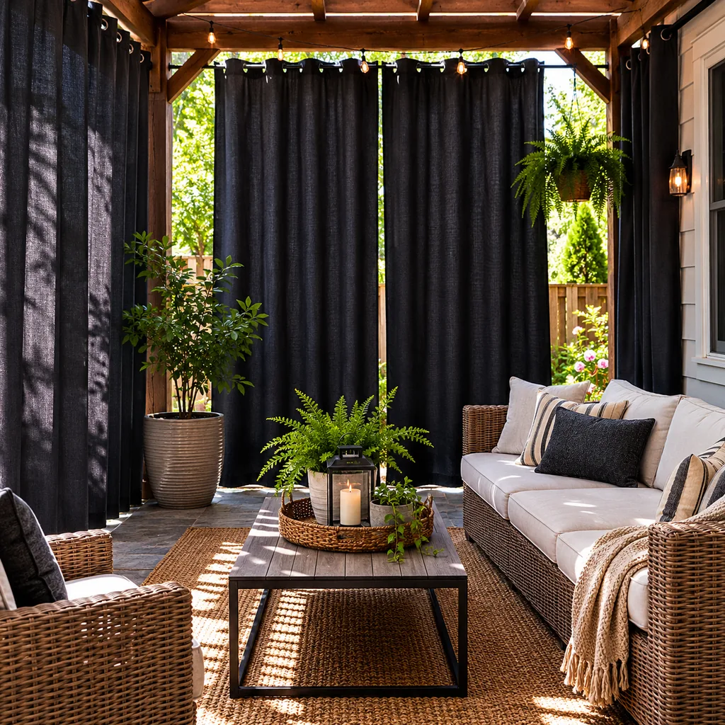 Realistic editorial photo of an outdoor patio with pergola curtains, seating, plants, fabric panels, and sunlight showing dark fabric making the room feel small