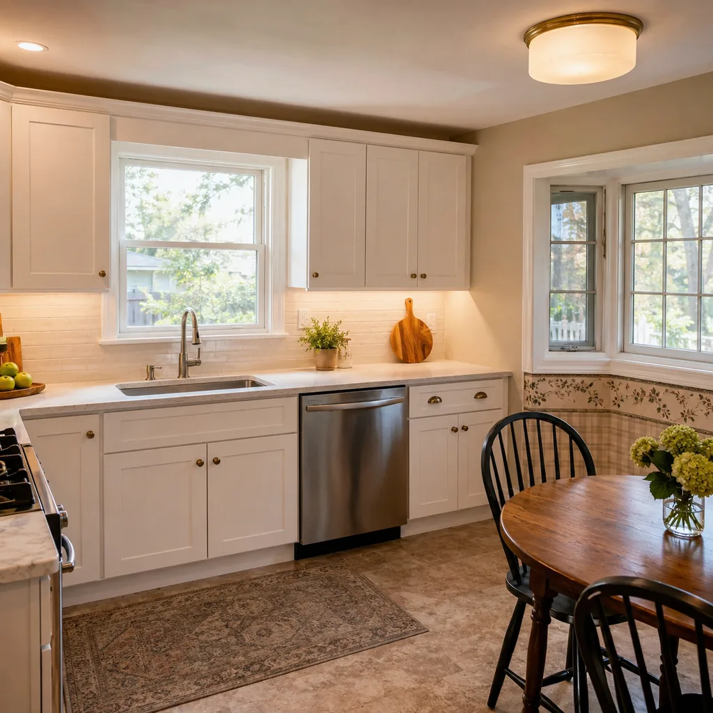 Realistic editorial photo of an updated kitchen with new counters, cabinets, backsplash, sink, hardware, and lingering dated details showing breakfast zone with