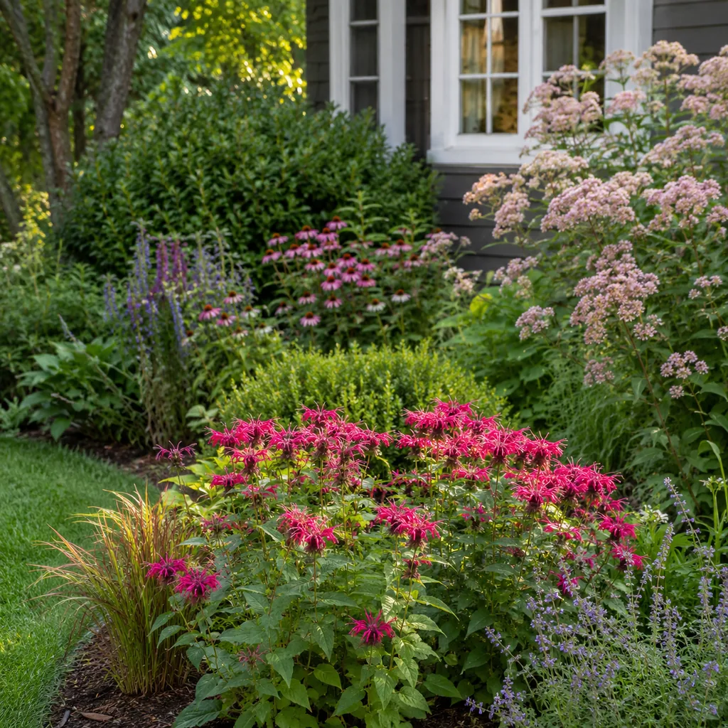 Realistic editorial photo of Bee balm growing in front yard border with deer resistant flowering plants, realistic edito