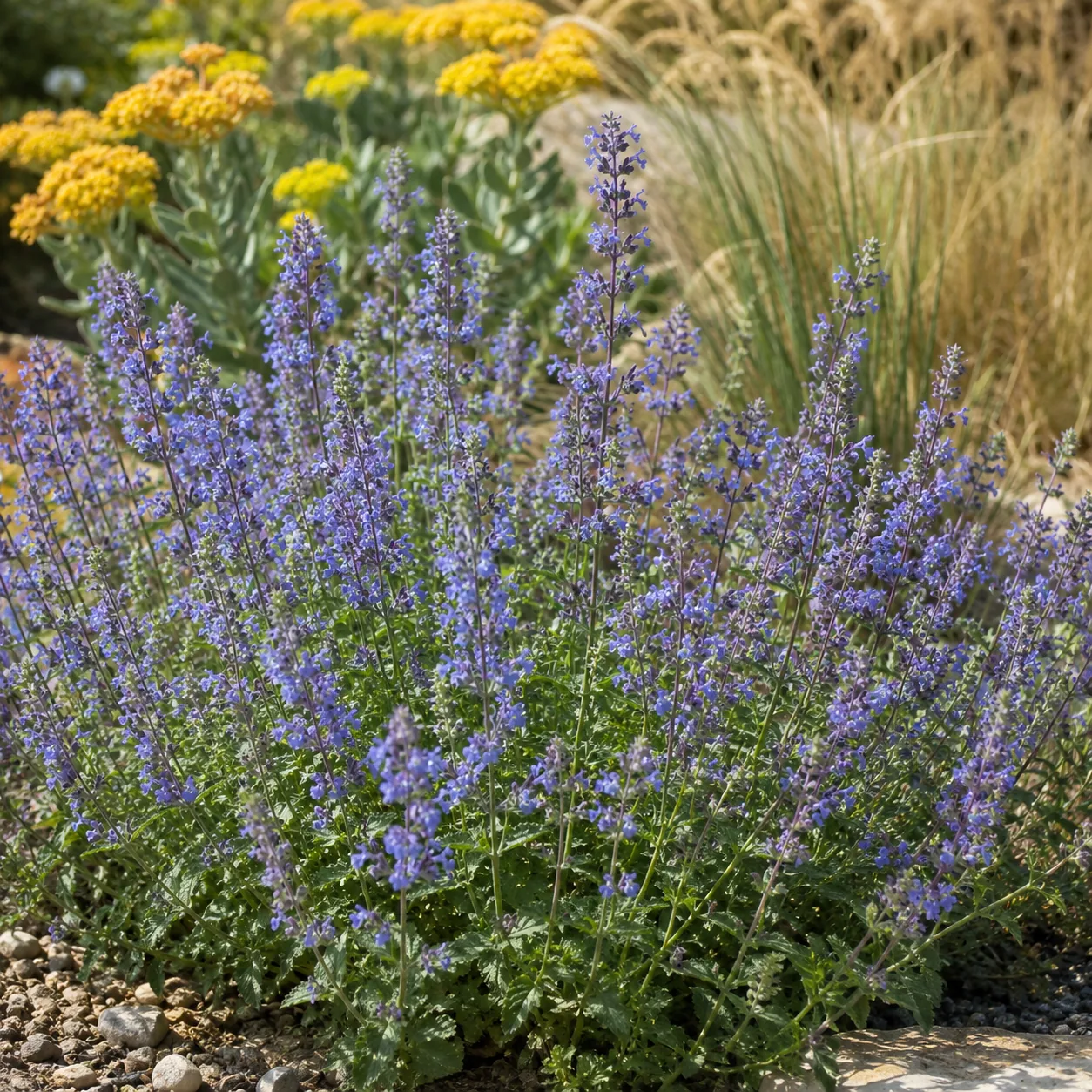 Realistic editorial photo of Catmint growing in sunny drought tolerant flower bed in summer heat, realistic editorial ph