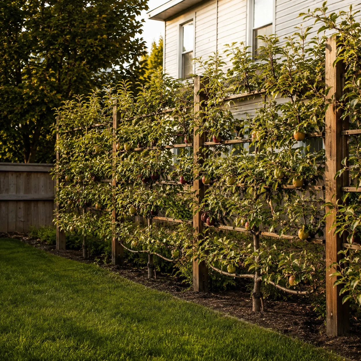 Realistic editorial photo of espalier fruit screen in an ordinary backyard needing privacy, realistic editorial photo, n