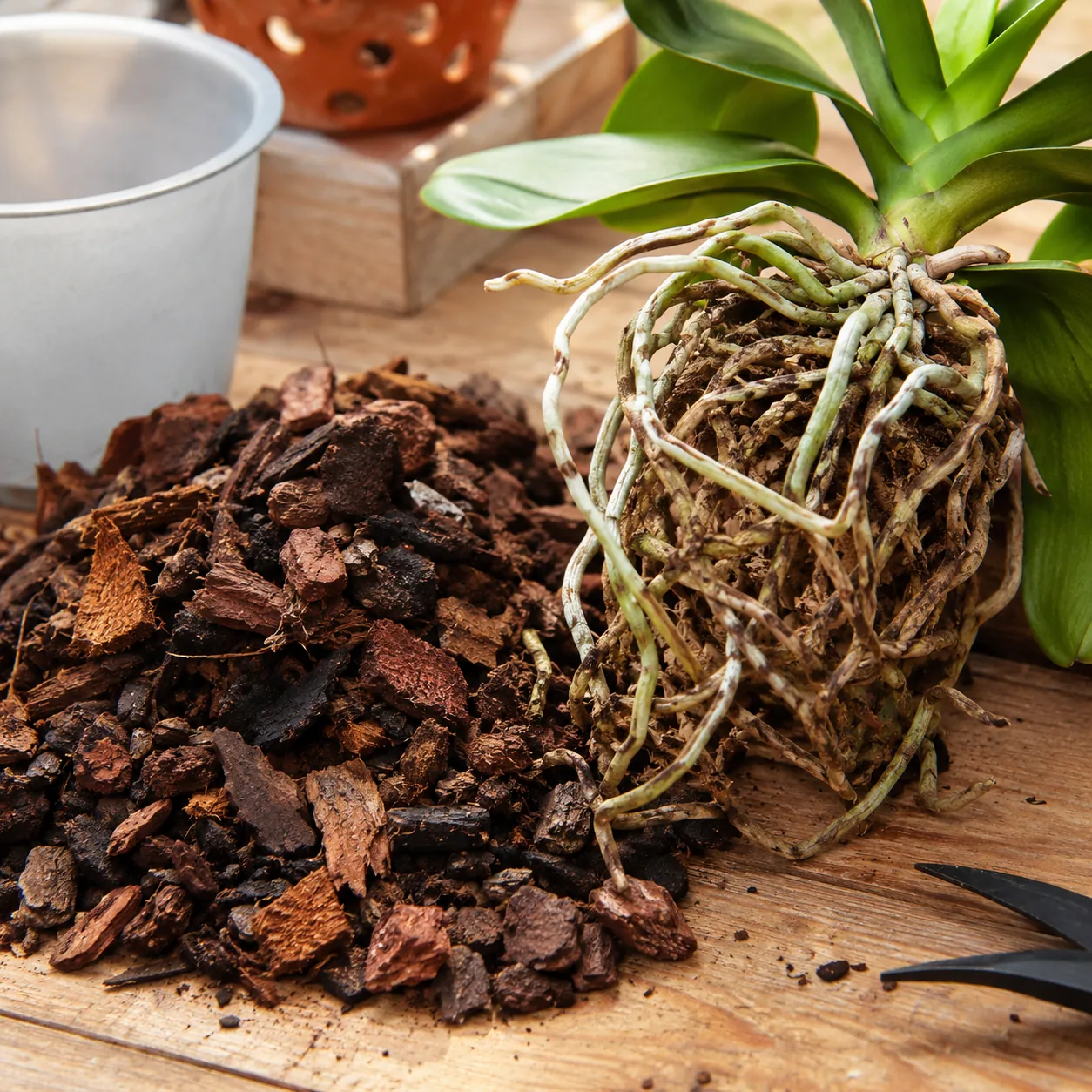 Realistic editorial photo of fresh orchid bark mix beside phalaenopsis roots during repotting, warm natural light, pract