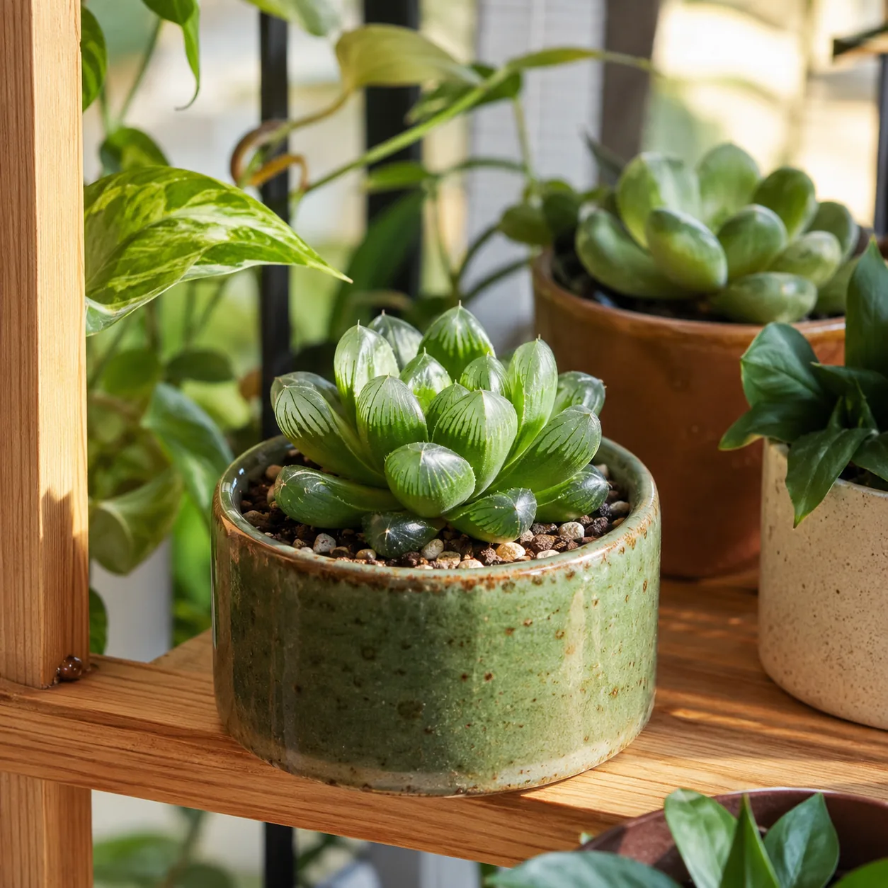 Realistic editorial photo of Haworthia growing in bright indoor shelf with low maintenance houseplants, realistic editor