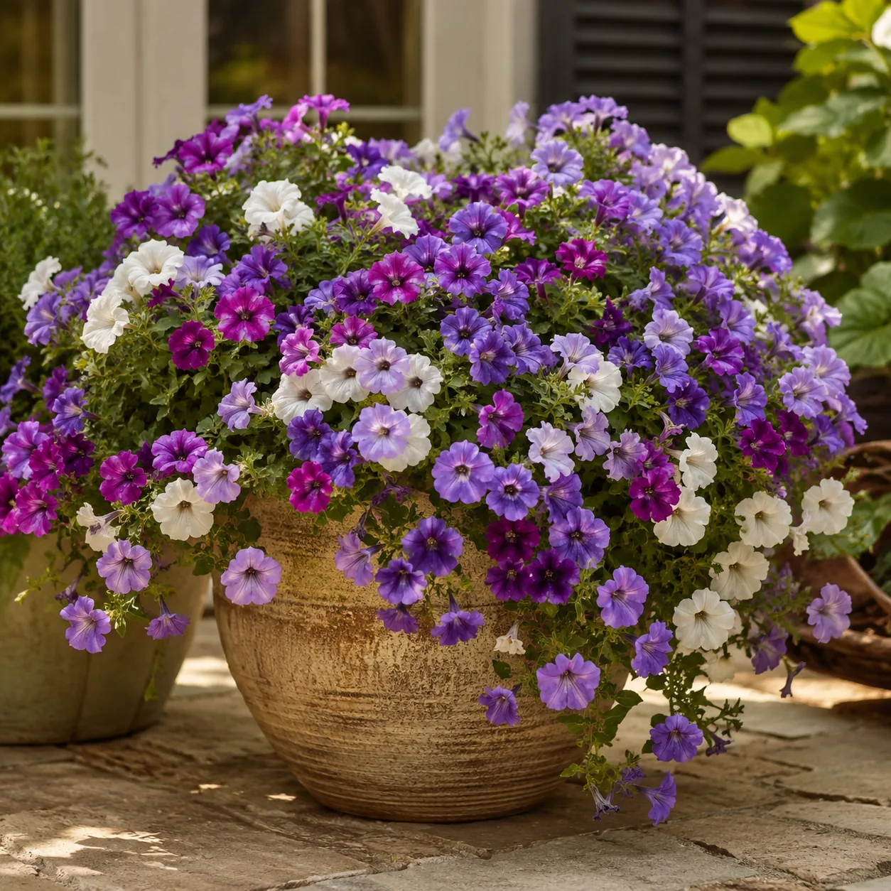 Realistic editorial photo of large container with full trailing petunias, warm natural light, practical home gardening s