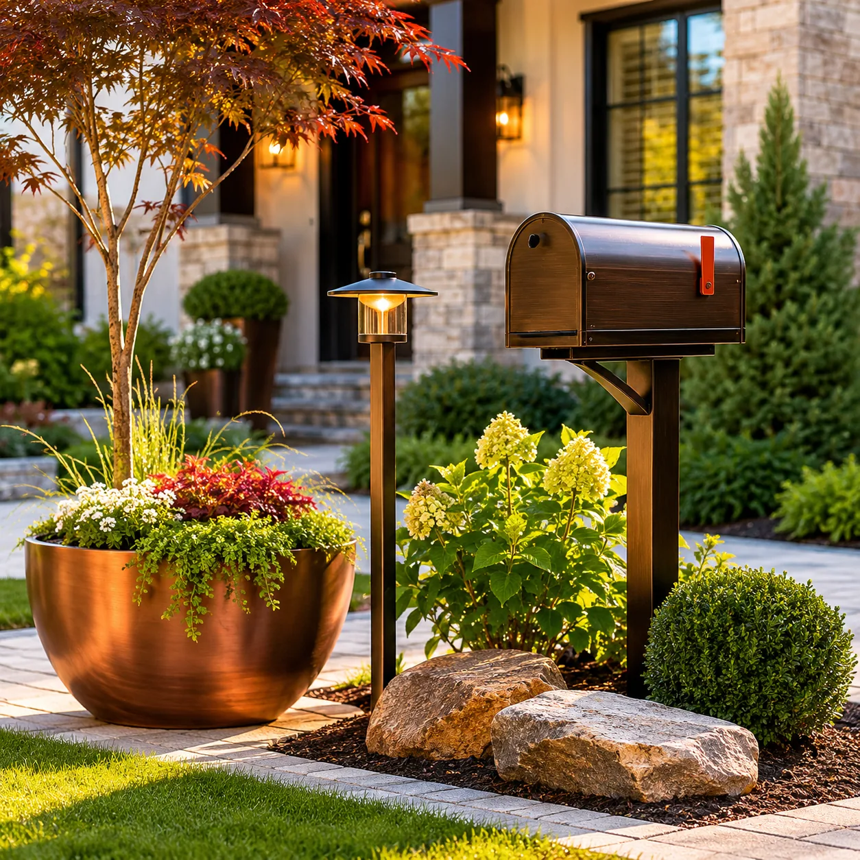 Realistic editorial photo of match outdoor metal finishes in polished suburban front yard, realistic editorial photo, na