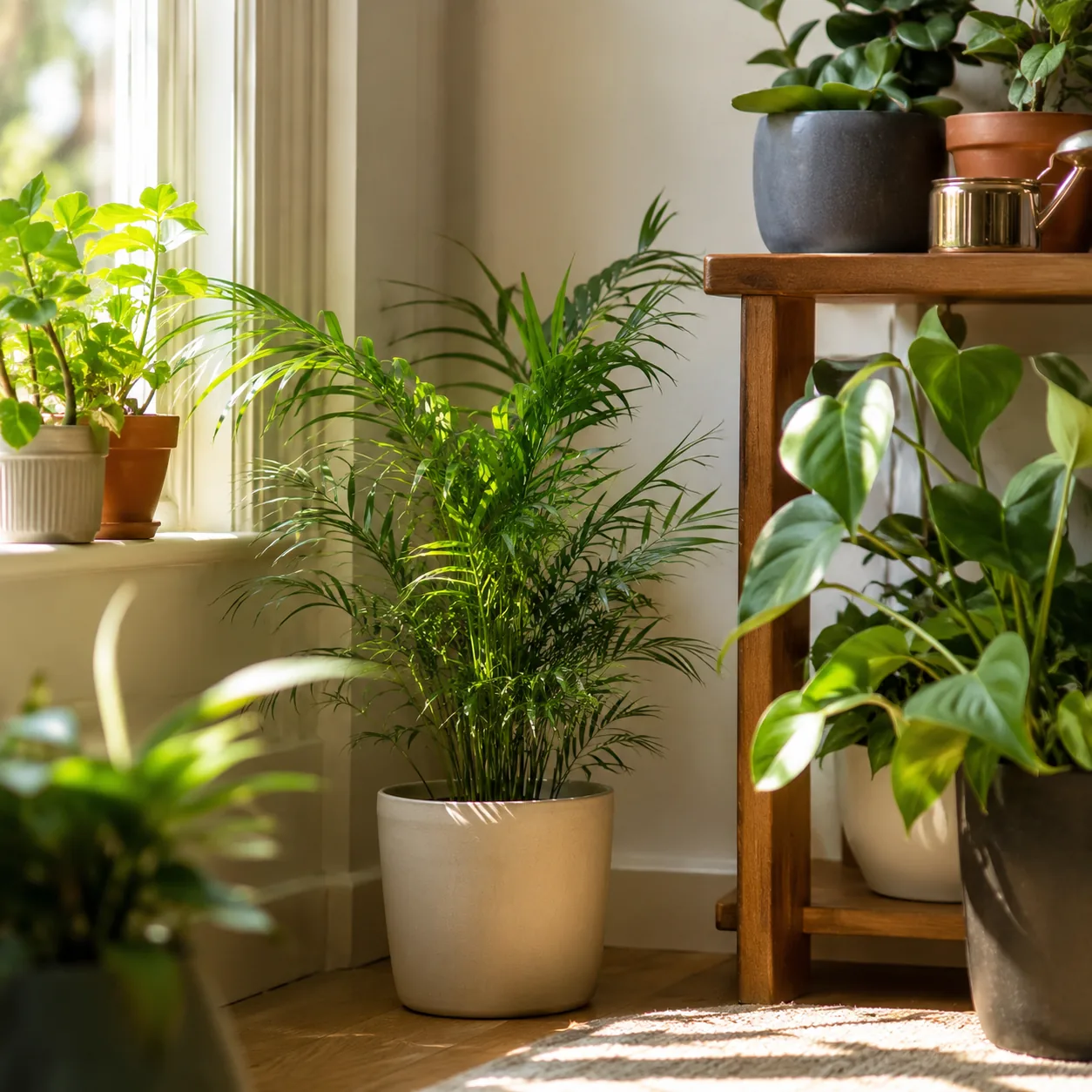 Realistic editorial photo of Parlor palm growing in low light room corner with houseplants near a window, realistic edit