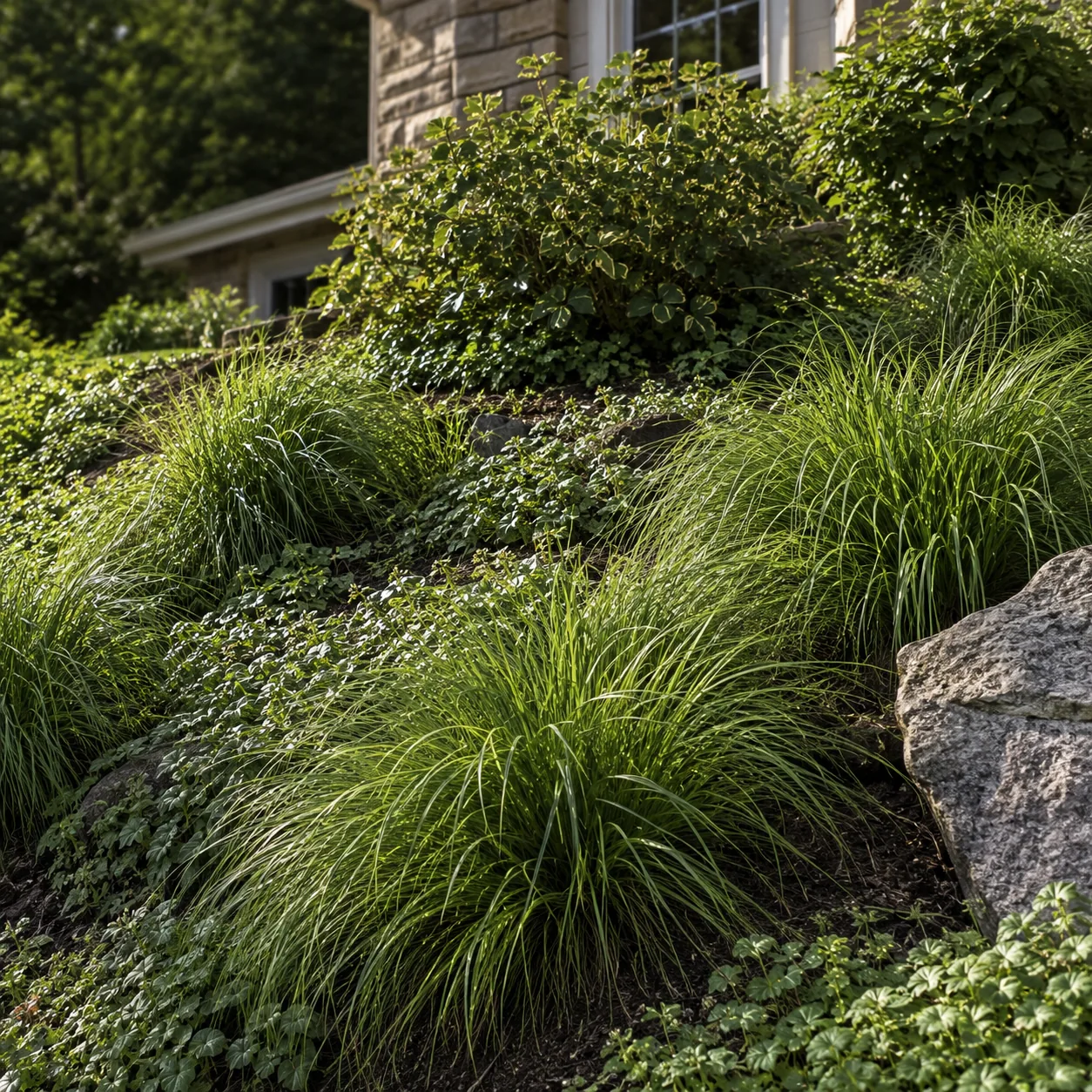 Realistic editorial photo of Pennsylvania sedge growing in sloped front yard planted with controlled ground covers, real
