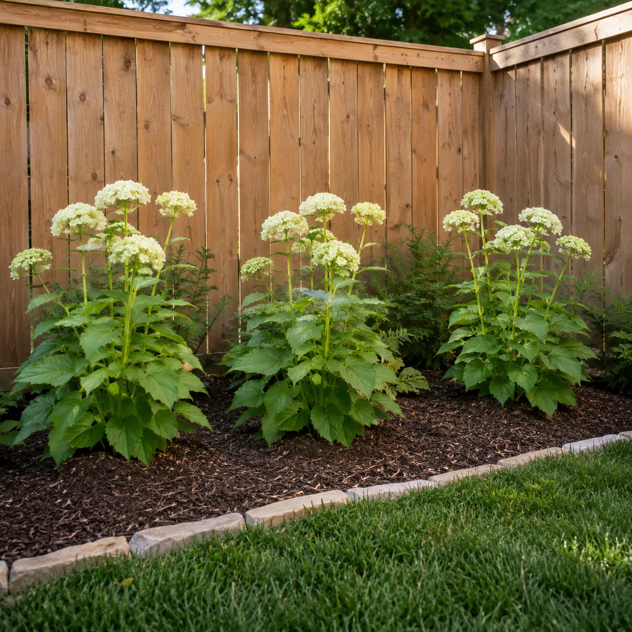 Realistic editorial photo of repeat one plant three times in small fenced backyard, realistic editorial photo, natural l