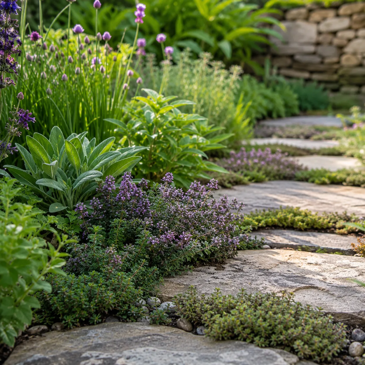 Realistic editorial photo of Thyme between stepping stones growing in a practical edible and flower garden, realistic ed