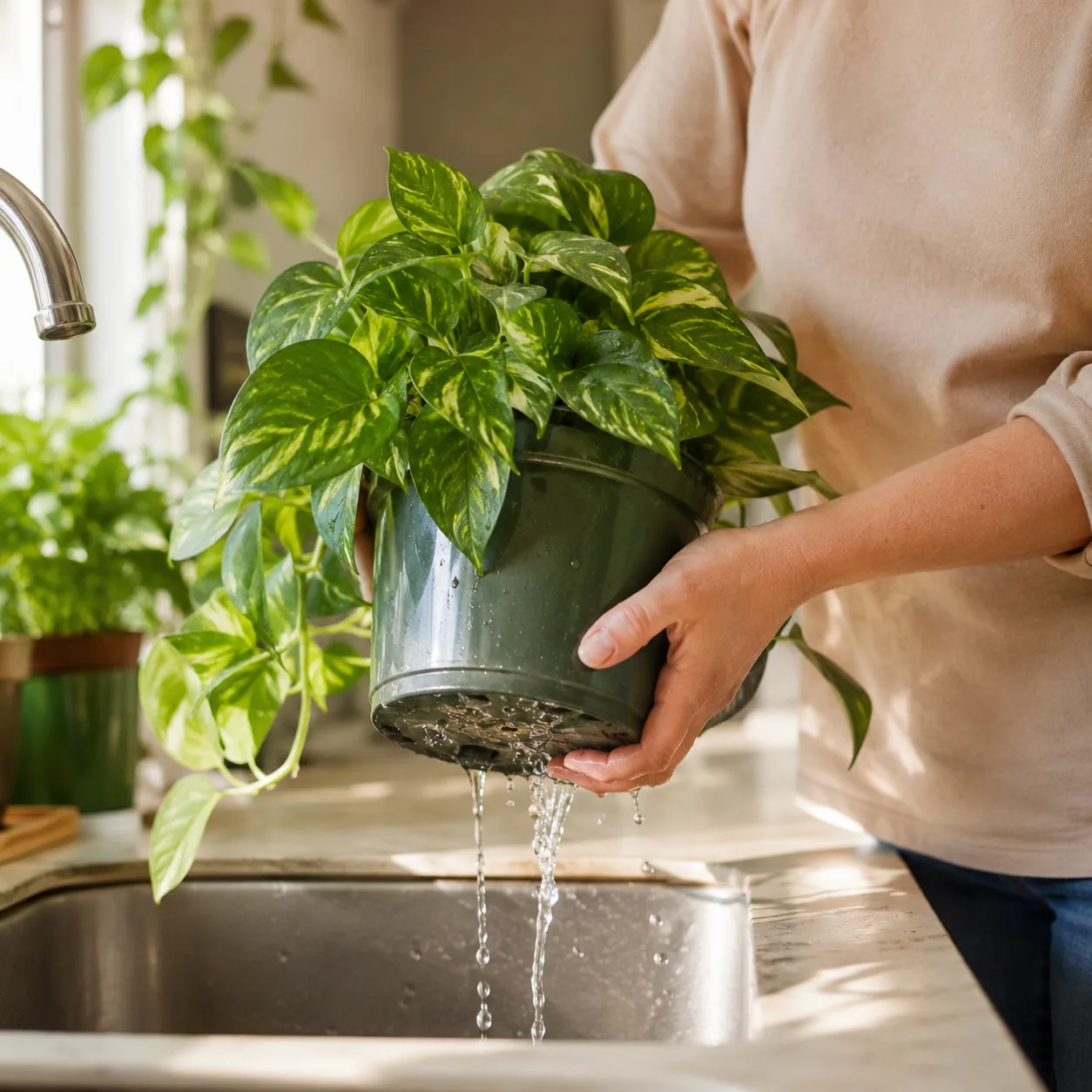 Realistic editorial photo of watering pothos deeply over a sink until water drains from bottom of pot, warm natural ligh