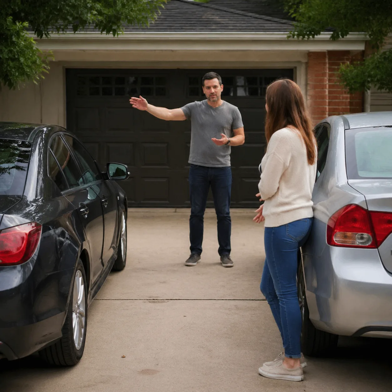 Realistic lifestyle photo of a husband standing in a driveway directing how the cars should be parked while his wife sta