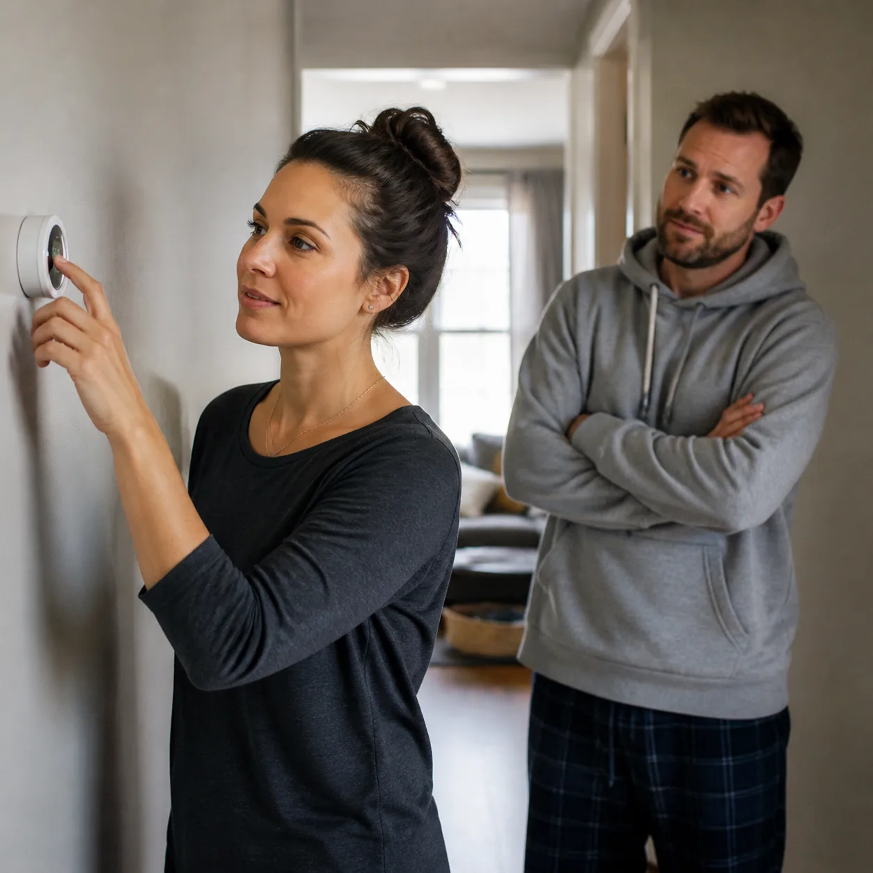 Realistic photo of a wife adjusting a home thermostat with confident focus while husband watches from hallway in a hoodi