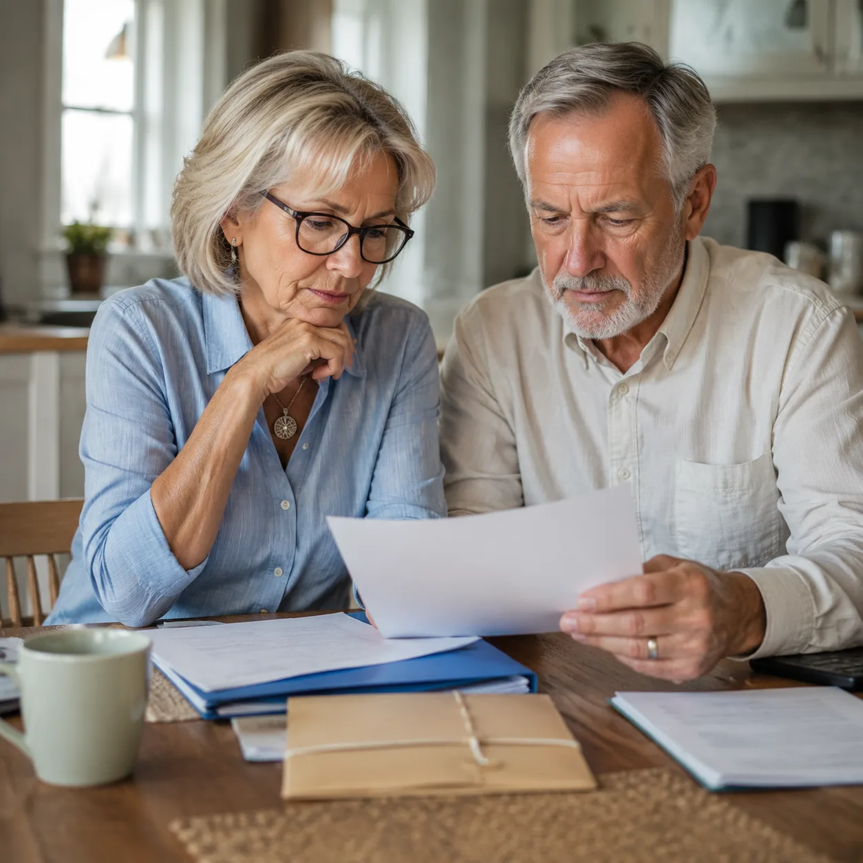retired couple reviewing legal documents with folder labeled Florida move, realistic editorial lifestyle photography for
