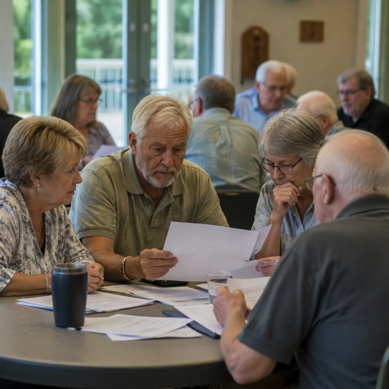 55 plus community meeting with older residents looking at special assessment notice, realistic editorial lifestyle photo
