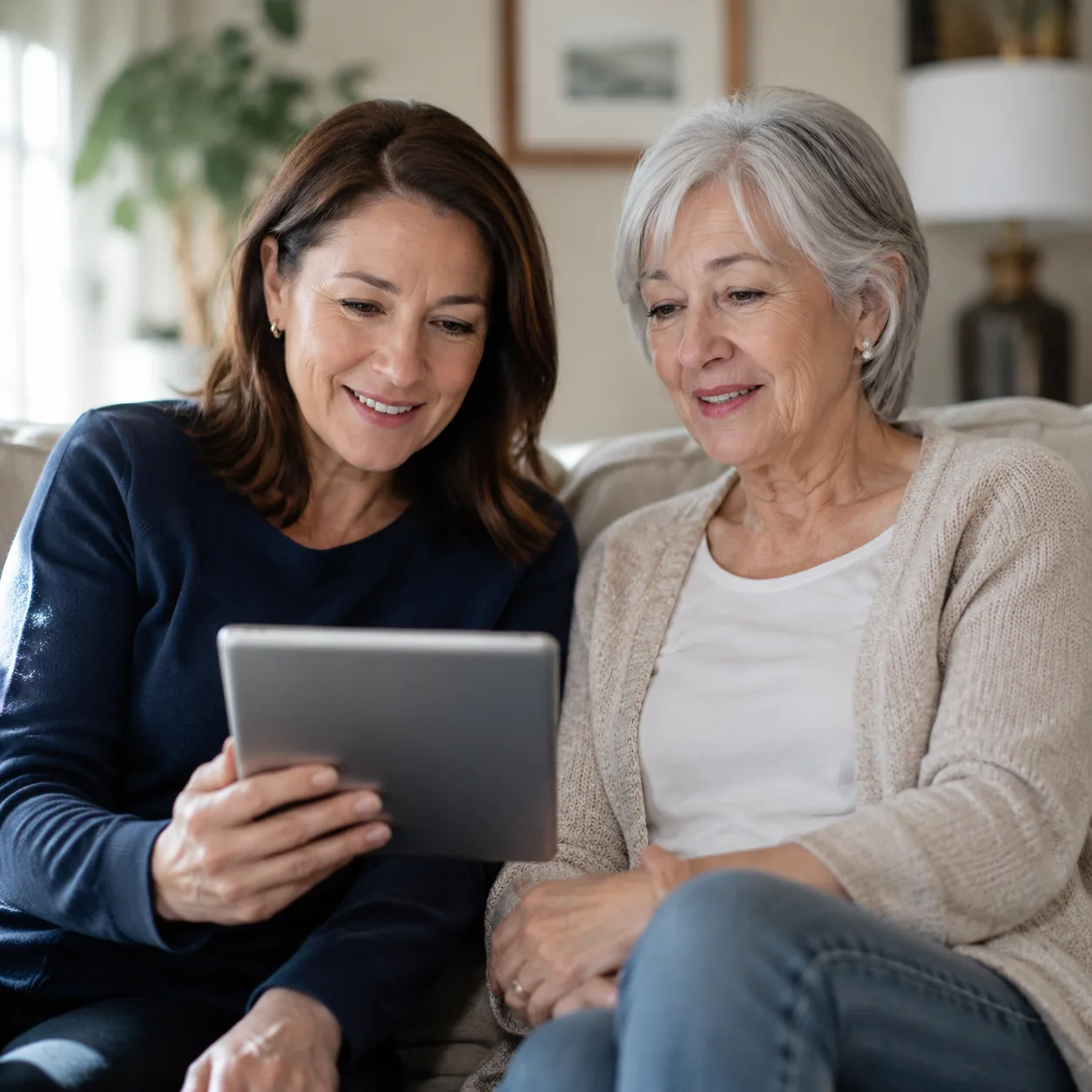 adult daughter reading assisted living family update on tablet while sitting with mother, realistic editorial lifestyle 