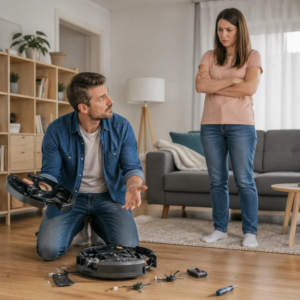 Funny realistic lifestyle photo of a husband holding a broken household item with parts on the floor while his wife watc