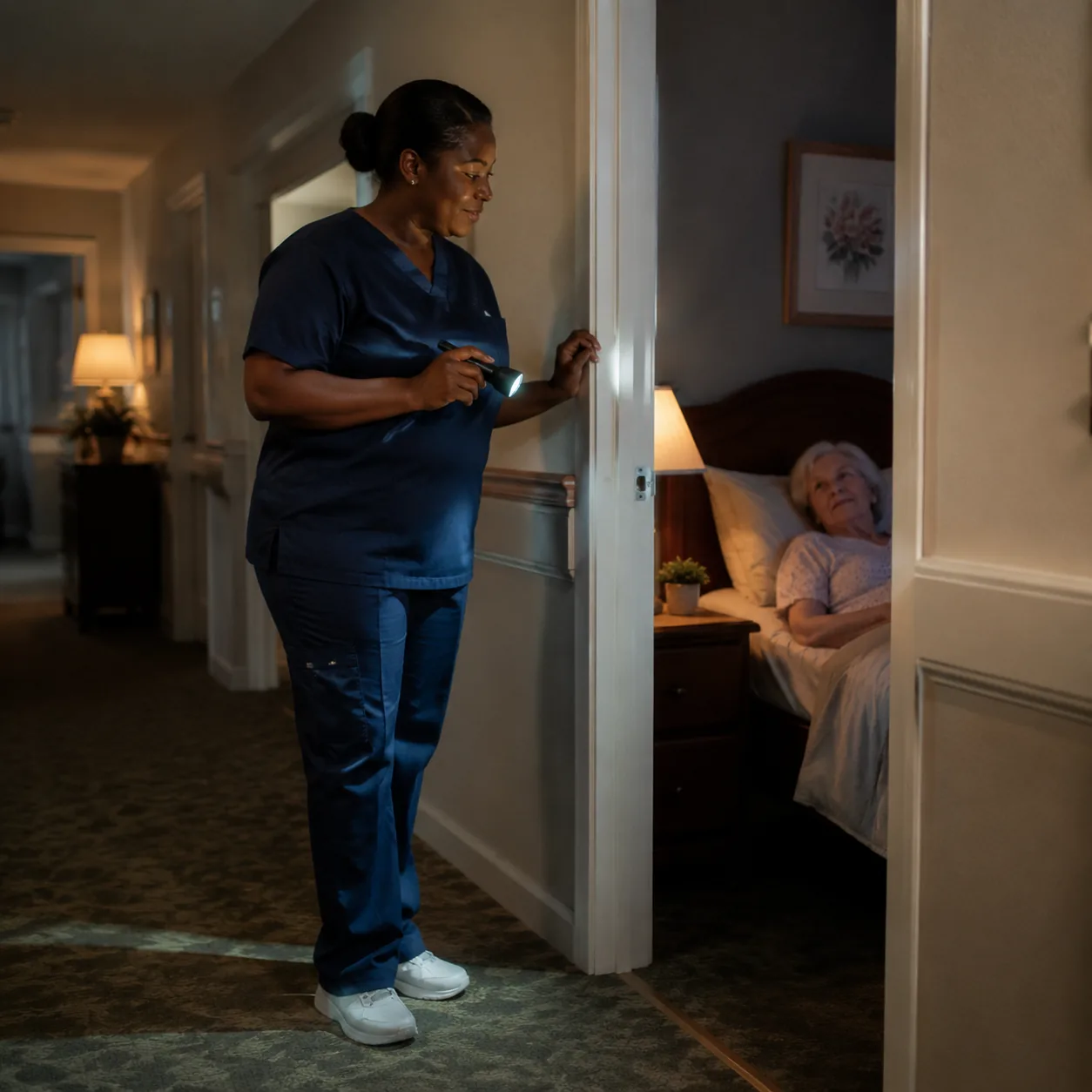 night caregiver checking on older resident in assisted living hallway with soft lighting, realistic editorial lifestyle 