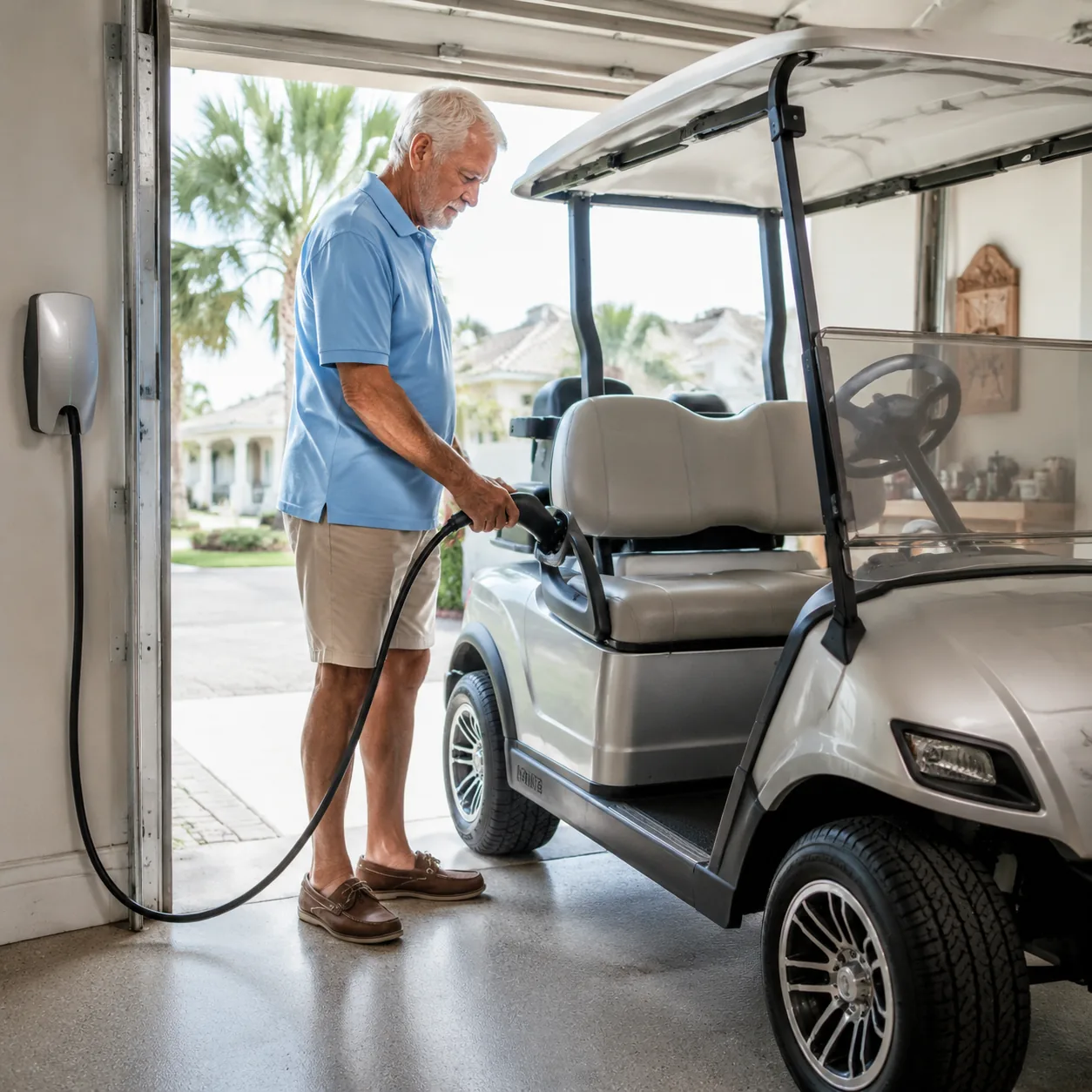 older man charging golf cart in Florida retirement community garage, realistic editorial lifestyle photography for Ameri