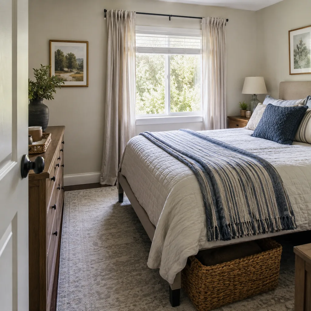 Realistic editorial photo of a compact American bedroom with bed, nightstands, window, dresser, and tight walkways showing storage basket that is actually big e